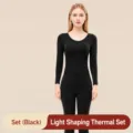 Women thermal underwear set dark grey seamless body shaping winter long sleeve top and leggings. - M / Top And Bottom / Recommended 40-50kg / Black