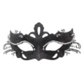 Detailed view of the elegant black metal masquerade mask with sparkling rhinestones and crown. - Black