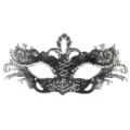 Detailed view of black metal masquerade mask with silver glitter and sparkling rhinestones. - Silver