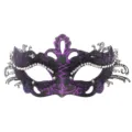 Detailed view of black and purple metal masquerade mask with intricate cutouts and sparkling rhinestones. - Purple