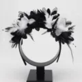 Black white feather flower headband detail shot lace mesh gothic party hair accessory - Black and White