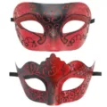 Couple masquerade mask set, red and black glitter party masks for Halloween celebrations. - Red