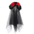 Halloween Day of the Dead black rose flower headband with gothic veil for party costume - Black Red