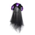 Elegante cerchietto Halloween con rose nere e lungo velo in tulle per feste gotiche - Nero e Viola Scuro