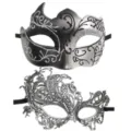 Couples masquerade masks set, black silver horn mask and silver lace mask for Halloween. - Black Silver Gradient Couple Style