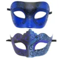 Couple Masquerade Masks Blue Black Glitter Venetian Party Eye Masks for Halloween - Blue
