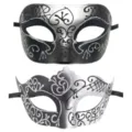 Detailed view of exquisite black and silver glitter masquerade masks for couples parties. - Silver