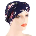 Floral Milk Silk Braided Turban Hat Women Fashion Muslim Cap Head Wrap Elastic Chemo Cap - M (56-58cm) / Navy Blue Floral