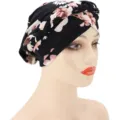 Women floral printed braided turban hat milk silk cap casual head wrap chemo beanie - M (56-58cm) / Black Pink Flower