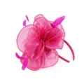 Detailed shot of hot pink organza feather fascinator headband for parties and cocktail events. - Rose Red
