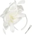 White organza feather hair accessory detail shot, elegant fascinator for party and prom use. - White