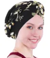 Floral print milk silk braided turban hat for women, comfortable stylish Indian head wrap cap. - M (56-58cm) / Black Beige Floral