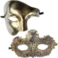 Luxe Maskerade Masker Set Gouden Kant Strass en Metalen Masker voor Feestelijk Kostuum - Fantoom Pak Antiek Goud / 2-delige set