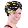 Vista detalle gorro turbante elástico estampado floral mujer, diseño nudo retorcido. - M (56-58cm) / Floral Negro