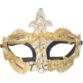 Máscara de mascarada vintage con acabado blanco agrietado y notas musicales doradas. - Estilo Craquelado Blanco y Oro / Platino
