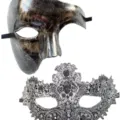 Masquerade masker set met metalen spookmasker en zilveren kanten strass masker. - Fantoom Pak Antiek Zilver / 2-delige set