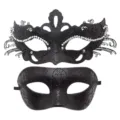 Exquisite black masquerade mask detail featuring sparkly rhinestones and intricate patterns. - Couple Mask Set / Two-tone Black