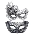 Gedetailleerd overzicht van zwart zilveren maskers met glitter en strass voor feest. - Zilveren naald