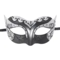 Detailed view of the black and silver masquerade mask with glitter and black ribbon. - Silver
