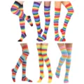 Detailed view of colorful rainbow striped over-the-knee long socks for women, 6 pairs set. - One Size / Rainbow