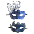 Couples masquerade mask set with blue black glitter and butterfly metal design for parties. - Couples Set - Blue