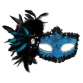 Detalle de máscara de mascarada con plumas azules, lentejuelas y brillantes pedrerías. - Azul