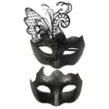 Exquisite black masquerade couple masks with metal butterfly filigree and glitter details. - Couples Set - Black