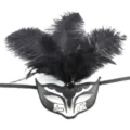 Zwarte veren masquerade masker detailweergave met glitter en linten voor feestje. - Veder Masker / Zwart Wit