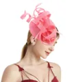 Pink sinamay fascinator hat detail view, elegant feather headwear for party and wedding. - Pink