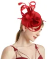 Red sinamay fascinator hat detail view, elegant feather hair accessory for women party bridal. - Red