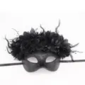 Vista detallada de una máscara de mascarada negra con plumas elegantes, encaje y purpurina. - Estilo Negro (20241113mj03)