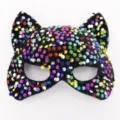Sequin catwoman mask detail view showing sparkly colorful sequins on black base for party wear. - Rainbow Sequin Cat