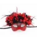 Máscara de carnaval roja y negra con plumas y flores de encaje para fiesta detalle - Estilo Rojo (20241113mj03)