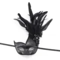Black feather masquerade mask detail view, elegant party eye mask for Halloween and cosplay. - Beaded Feather Floral Black