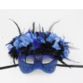Vista detallada de máscara de carnaval azul con plumas y encaje para fiestas cosplay. - Estilo Azul (20241113mj03)