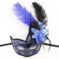 Blue black feather masquerade mask lace glitter eye mask party costume prop detail. - Flower Style / Blue