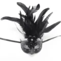 Vista dettagliata in primo piano della maschera di carnevale nera con piume e strass. - Stile Cigno a Pois / Nero