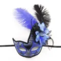 Detalle en primer plano de la máscara de carnaval azul con plumas y detalles brillantes. - Estilo Cisne / Azul
