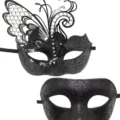 Couple black masquerade masks with metal butterfly rhinestone design for Halloween party. - Black Couple Set