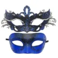Exquisite couple masquerade masks featuring blue and black glitter designs and rhinestones. - Couple Mask Set / Double Blue
