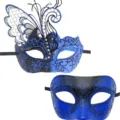 Couple Masquerade Mask Metal Iron Butterfly Rhinestone Blue Black Carnival Party Mask - Blue Couple Set