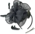 Detailed close-up view of black organza flower fascinator headband with feather accessories. - Black