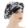 Camo print milk silk braided turban hat for women, stylish Muslim head wrap and fashion cap. - M (56-58cm) / Black and White Camouflage