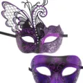 Couple Masquerade Mask Metal Butterfly Rhinestone Party Halloween Carnival Venetian Mask - Purple Couple Set