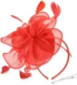 Red organza feather fascinator detail showing delicate mesh petals and matching hair clip. - Red
