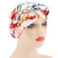 Floral print braided turban cap for women, stylish stretchy hair wrap head cover variant. - M (56-58cm) / White Palm Leaf