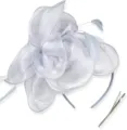 Elegant white organza fascinator hat with feathers, headband and clip for cocktail party events - Gray