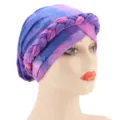 Purple Pink Tie-Dye Braided Turban Hat for Women Fashion Stretch Headwrap Cap - M (56-58cm) / Tie-Dye Navy Rose Red