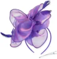 Purple organza feather fascinator detail showing delicate flower petals and headband metal clip. - Purple