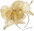 Exquisite champagne organza flower feather hair clip and headband set for party wear. - Gold
